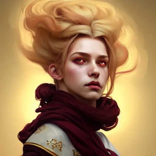 Image similar to Hyperrealistic portrait of a girl with cream coloured hair wearing a heavy maroon cloak, Overwatch inspired, golden accents, face, fantasy, intricate, elegant, highly detailed, digital painting, artstation, concept art, smooth, sharp focus, illustration, art by Wei Fan and Fernanda Suarez and Artem Demura and alphonse mucha