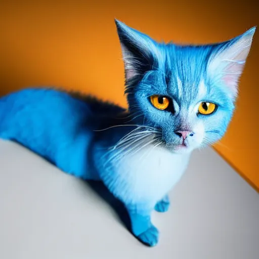 Prompt: professional photo of a blue cat wearing a blonde wig 1!!!, short hair wig, super saiyan hair cut!!, 4 legs, studio lighting, very detailed, unreal engine, canon photo!!!!, professional lighting, good composition, rule of thirds, winning award photo, real cat, real, swimming pool
