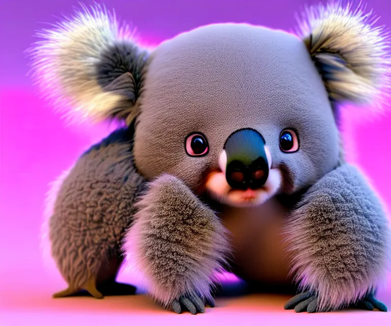 Image similar to high quality 3 d render hyperrealistic very cute small koala, plush mascot, short spiky dense fluffy smooth hair, photo from the side, pink fluffy fur, 1 5 0 mm, beautiful natural soft light, rim light, vray, smooth background, artstation, ultra detailed