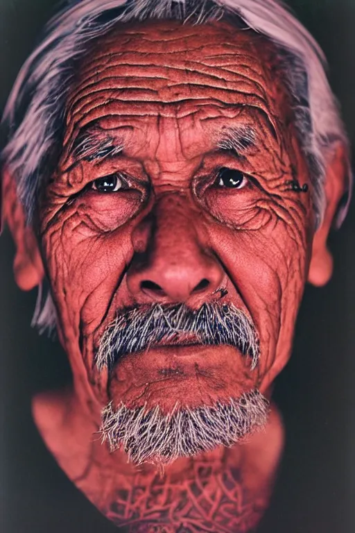 Image similar to one old indigenous man with micron pen ink tattoos stares at the camera, night sky, stars, bruce gilden, leica s, fuji 8 0 0, grainy, low light