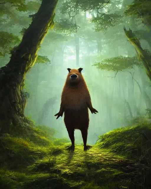Prompt: oil painting of Anthropomorphized Capybara Druid casting green magic spell, wearing leaf cloak, glowing eyes, sharp focus, fantasy style, octane render, volumetric lighting, 8k high definition, by greg rutkowski, highly detailed, trending on art Station, magic the gathering artwork, magical forest backround, centered