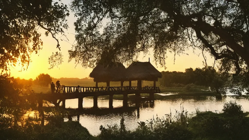 Prompt: small wooden cottage by the river, a tree with vines wrapped around it, two crows on the tree, tranquility, arch stone bridge over the river, an old man riding a horse on the bridge, sunset