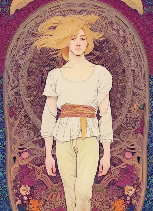 Image similar to pretty young man with shoulder length blond hair, half body shot, emotional, decorative flower patterned background, path traced, highly detailed, high quality, digital painting, by studio ghibli and alphonse mucha, leesha hannigan, hidari, disney, jules bastien - lepage, art nouveau, anna dittmann