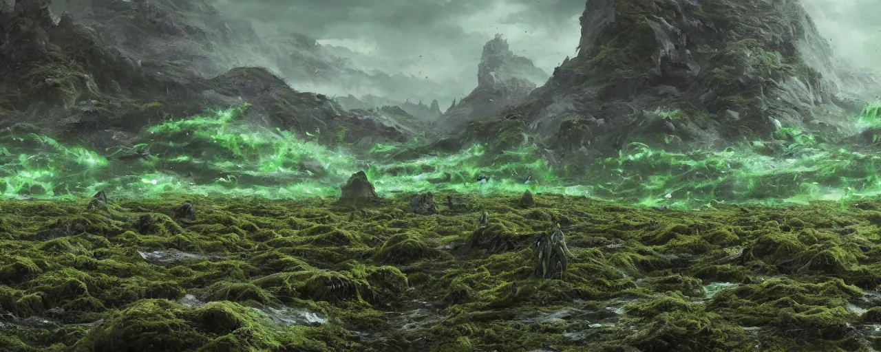 Prompt: landscape covered in green slime and goo, [ cinematic, detailed, epic, widescreen, opening, establishing, mattepainting, photorealistic, 4 k, octane render, art by greg rutkowski ]