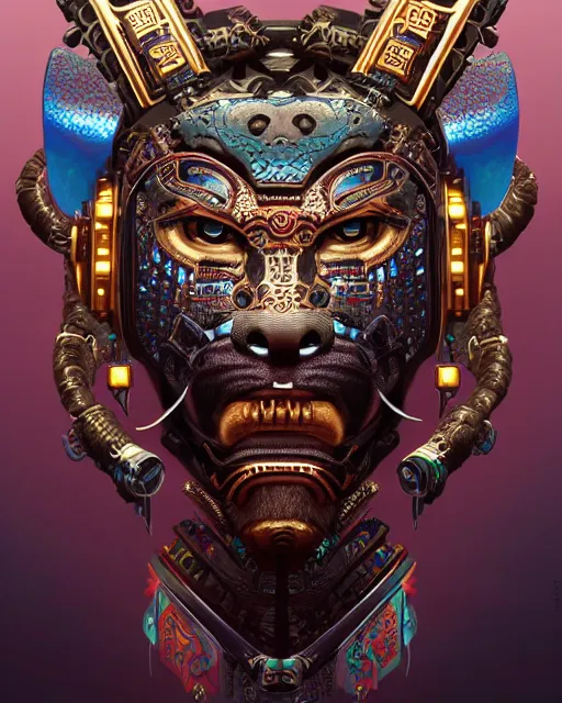 Prompt: portrait of a mayan masculine male cyberpunk jaguar warrior, machine face, upper half portrait, decorated with chinese opera motifs, muscular, asian, fine china, wuxia, traditional chinese art, intricate intense elegant, highly detailed symmetry headpiece digital painting artstation concept art smooth sharp focus illustration, art by artgerm and greg rutkowski alphonse mucha 8 k