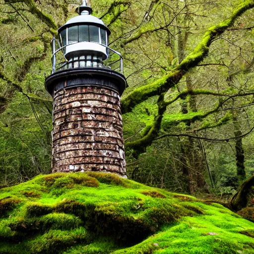 Image similar to photograph of a moss covered light house in the middle of a city on hills