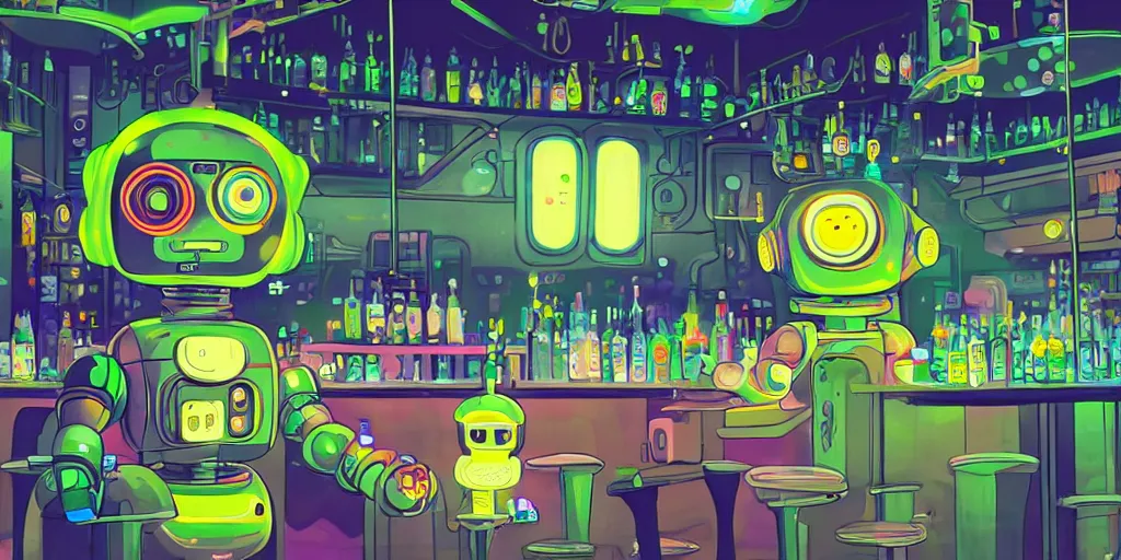 Image similar to a cute robot in a cyberpunk bar by chiho aoshima