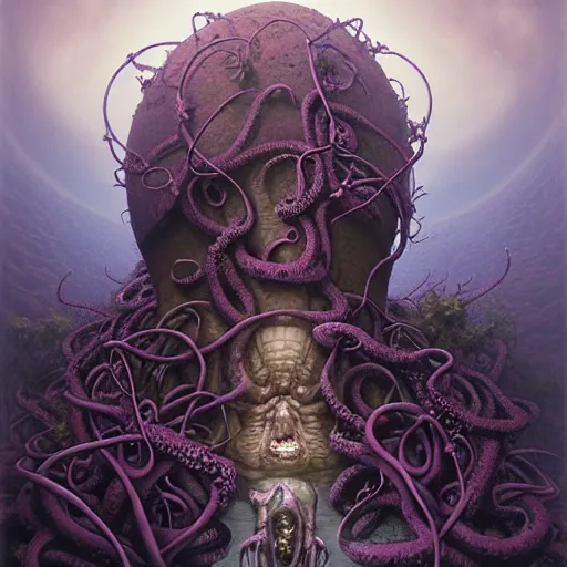 Image similar to On a domed structure made of tentacled rock vines, there is an orc fused and blended with the vines, a purple crystal pulsing in his chest, orc on vines, orc fused with vines, orc merged with vines, Peter Mohrbacher, Beksiński and Jeff Easley, artwork by Peter Mohrbacher, Zdzisław Beksiński and Jeff Easley