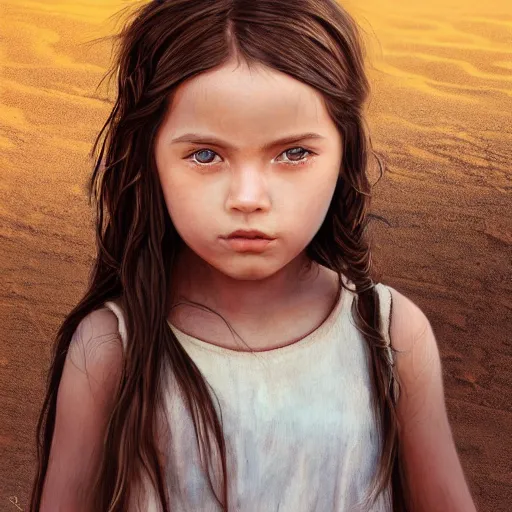 Image similar to a detailed portrait of a little girl in the desert, art illustration, incredibly highly detailed and realistic, 8 k, sharp focus