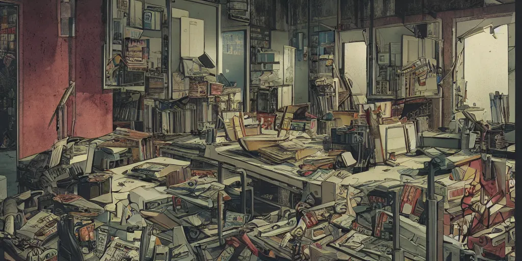 Prompt: full page comic book drawings of disturbing office urbex scenes, urban hell on a hot summer night, bold color palette, high contrast, by carel willink and gregory crewdson, moebious, jean giraud, comic book panels, octane render, bewerk anime