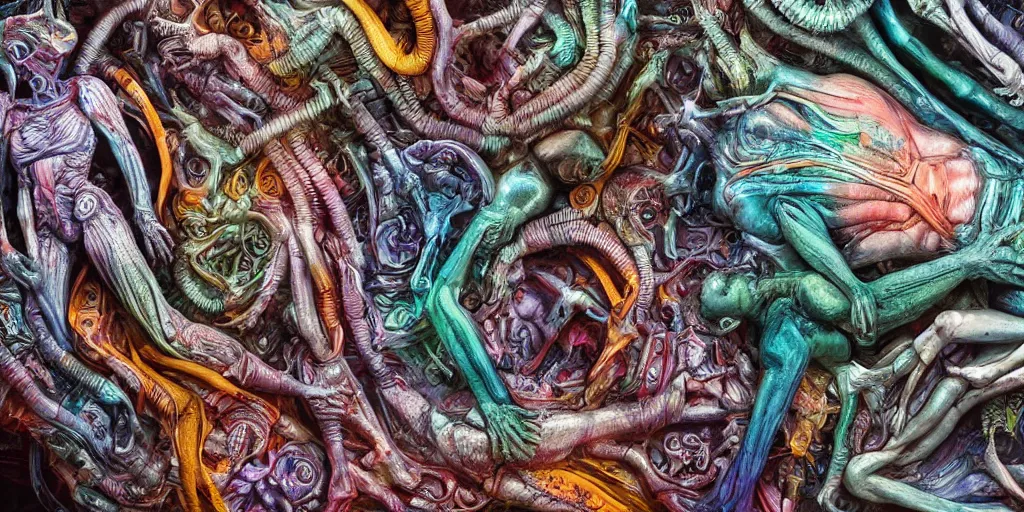 Image similar to dreamscape, giger, vivid colors, colorful, anatomical, highly detailed sculpture, intricate detailed, ommatidia, 8 k, cinematic atmosphere, post - processing