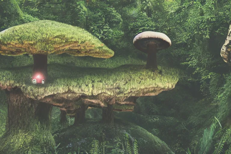 Image similar to a photo of the most beautiful gem in the world hovering in a mystical huge mushroom forest, dreamy