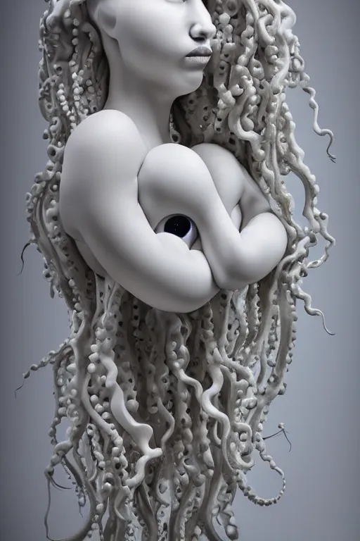 Prompt: full head and shoulders, beautiful porcelain female person, with lots and lots of black, realistic eyeballs, smooth, delicate facial features, white lashes, 3 d white shiny thick, large octopus tentacles in hair, standing in an art gallery by daniel arsham and james jean