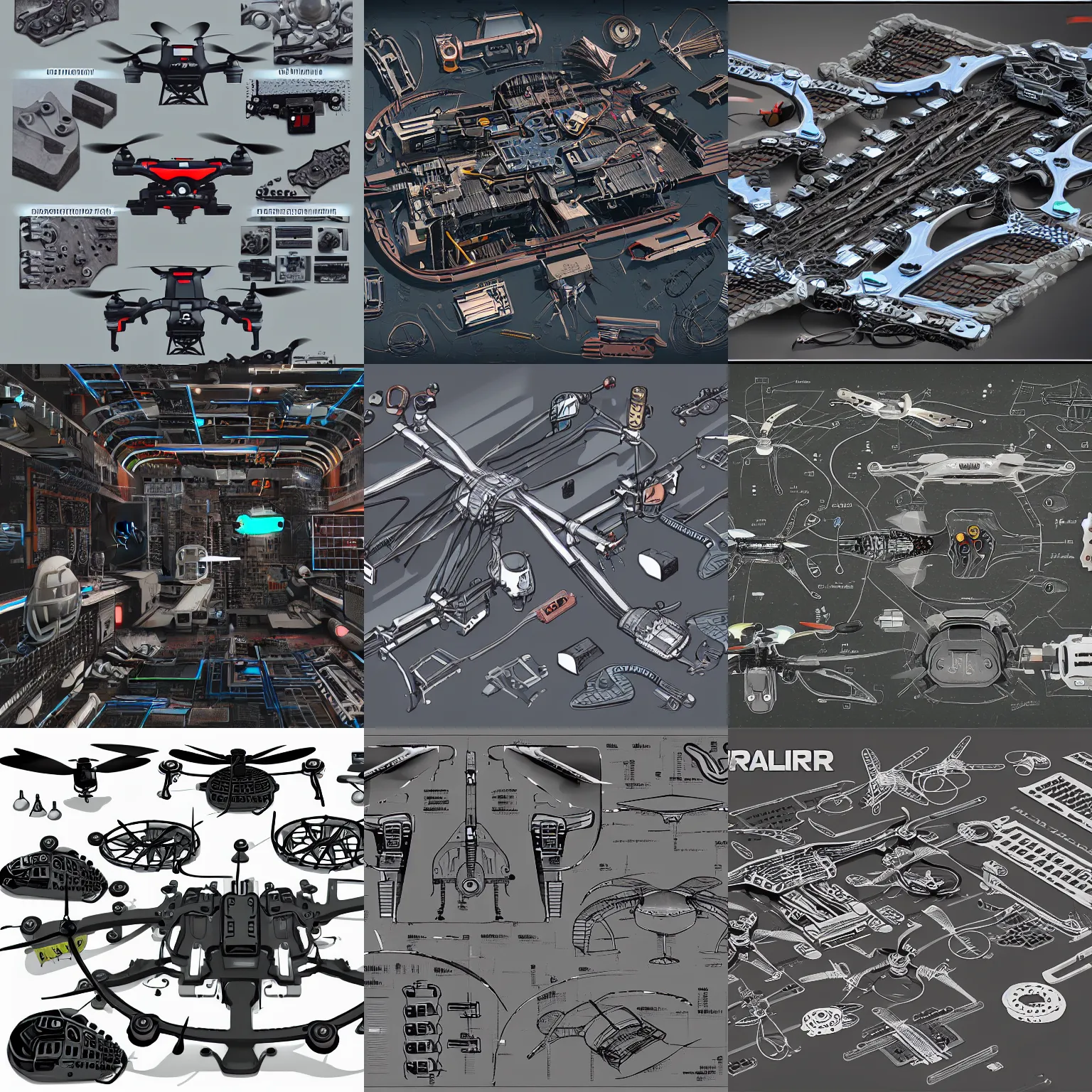 Prompt: realistic illustration of quadcopter parts technical layout cyberpunk sci-fi