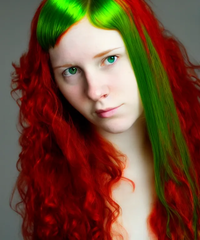 Image similar to Fae teenage girl, portrait, face, long red hair, green highlights