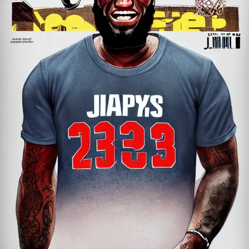 Image similar to happy lebron james wearing a plain tshirt, gta v cover art, art by stephen bliss, matte painting