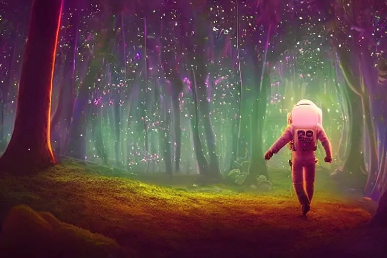 Image similar to An astronaut walking in an enchanted fantasy forest. Glowing mushrooms. Floating jellyfish. Colorful. Cinematic lighting. Photorealism.