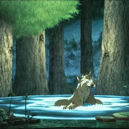 Prompt: a spirit wolf forest drinking water from an illuminated pool, hayao miyazaki, masashi ando, nizou yamamoto, kazuo oga, joe hisaishi, yoji takeshige, naoya tanaka