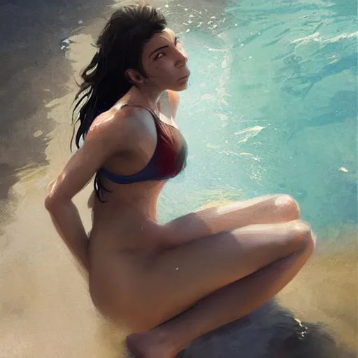 Prompt: beautiful woman getting out of a swimming pool, art by greg rutkowski, artgerm, artstation, highly detailed, pretty, gorgeous, cute, warm lighting