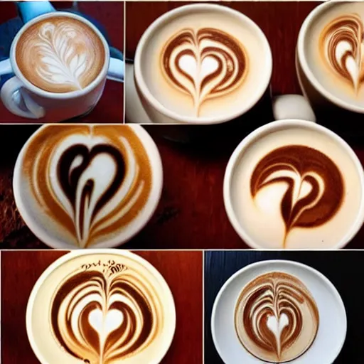 Prompt: latte art is a method of preparing coffee created by pouring microfoam into a shot of espresso and resulting in a pattern or design on the surface of the latte. it can also be created or embellished by simply drawing in the top layer of foam.