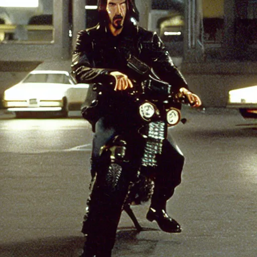 Prompt: beautiful hyperrealism three point perspective film still of Keanu Reeves as neo with machine gun in a motorcycle chase scene in Matrix(1990) extreme closeup portrait in style of 1990s frontiers in translucent porclein miniature street photography seinen manga fashion edition, miniature porcelain model, focus on face, eye contact, tilt shift style scene background, soft lighting, Kodak Portra 400, cinematic style, telephoto by Emmanuel Lubezki