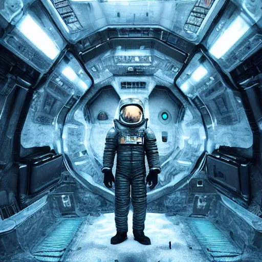 Image similar to concept art by craig mullins astronaut in futuristic dark and empty spaceship underwater. infrared complex and hyperdetailed technical suit. mandelbulb fractal. reflection and dispersion materials. rays and dispersion of light. volumetric light. 5 0 mm, f / 3 2. noise film photo. flash photography. unreal engine 4, octane render. interstellar movie art