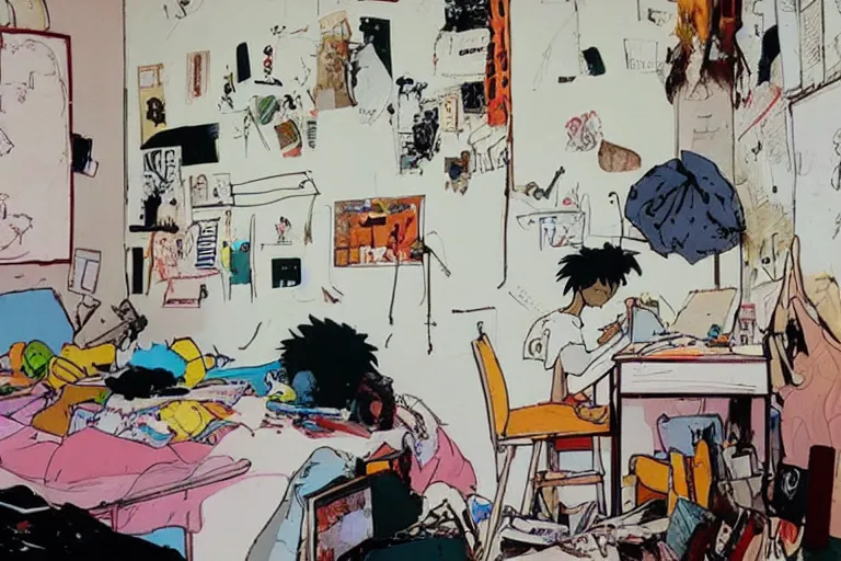 Image similar to messy bedroom, style of studio ghibli + moebius + basquiat, cute,