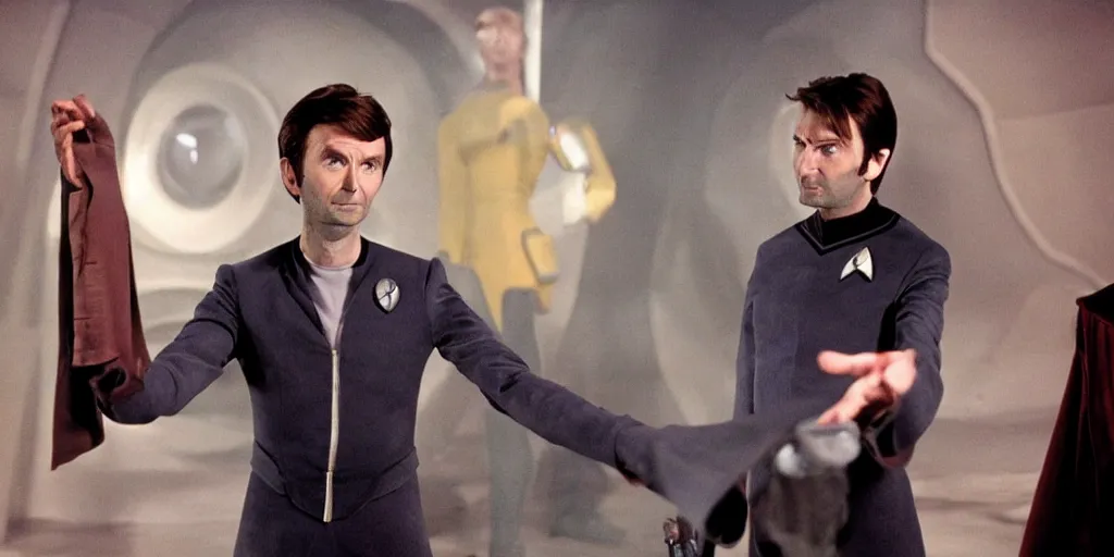 Image similar to David Tennant as Doctor Who in the role of Captain Kirk in a scene from Star Trek the original series