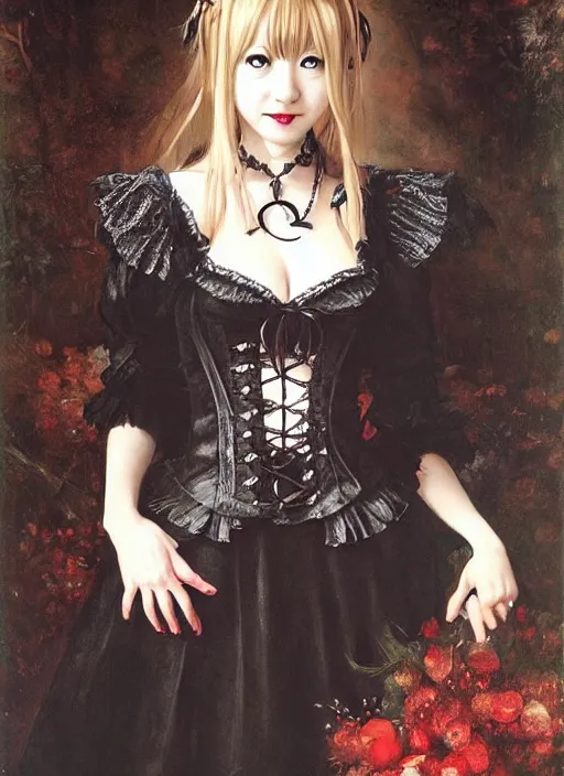 Prompt: misa amane, gothic dress. by rembrandt, ( ( konstantin razumov ) ), artgerm