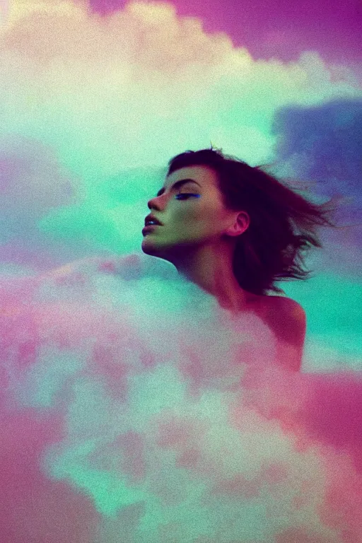 Image similar to high quality pastel coloured film close up wide angle photograph of a model wearing clothing swimming on cloud furniture in a icelandic black rock!! environment in a partially haze filled dreamstate world. three point light, rainbow. photographic production. art directed. pastel colours. volumetric clouds. pastel gradient overlay. waves glitch artefacts. extreme facial clarity. 8 k. filmic.