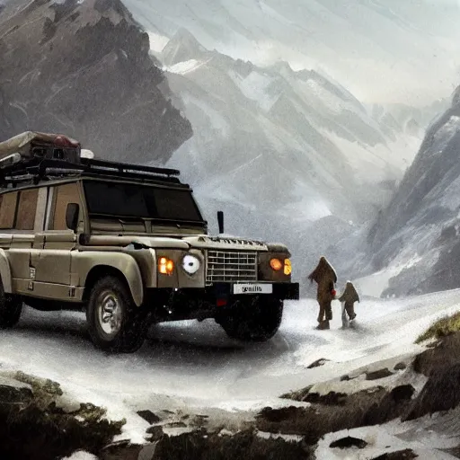 Image similar to a landrover crossing the alps while its snowing, digital art, artstation, photgraphy, highly detailed, digital painting, artstation, concept art, sharp focus, illustration, art by greg rutkowski and artgerm