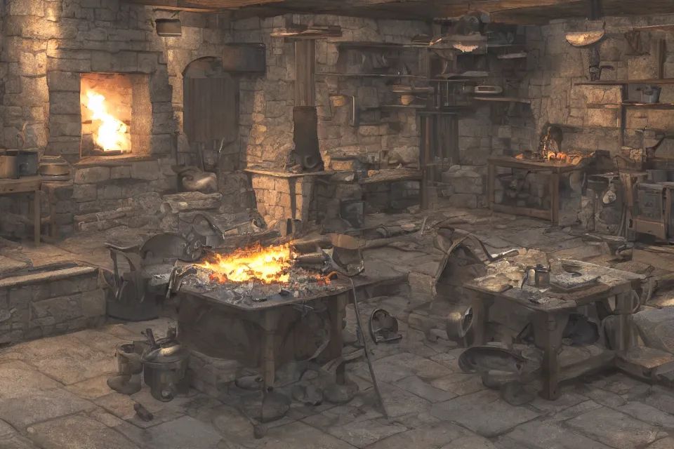 Prompt: smithy forge, hot smelting furnace, medieval, anvil, hammers and metal ingots on table, single window, realistic, cinematic lights, concept art, 4 k