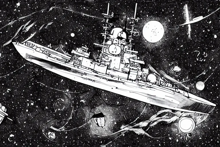 Image similar to space exploring battleship , beautiful line art, ink illustration, sketch, pure b&w