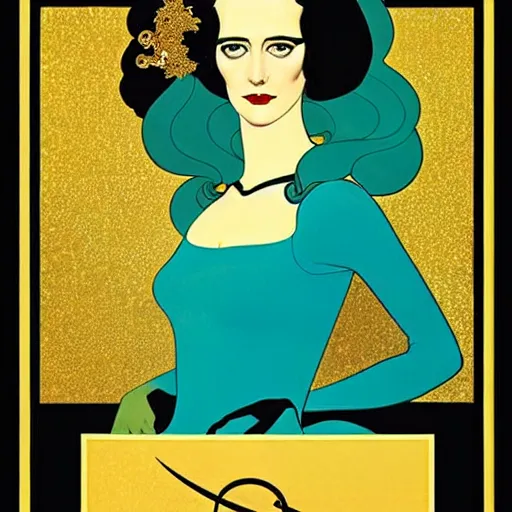 Prompt: turquoise and gold and black portrait of the young actress, eva green as queen of the emerald dead, comic art by joshua middleton, art by coles phillips, tendrils, vamp, elegant, decadent, stylised comic art, klimt, mucha, 1 9 7 0 s poster,