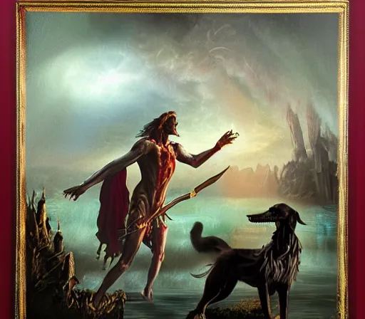 Image similar to The boatman of the river styx adopts an undead borzoi to be his companion in hades, realistic fantasy artwork, greek mythology, oil painting on matte canvas