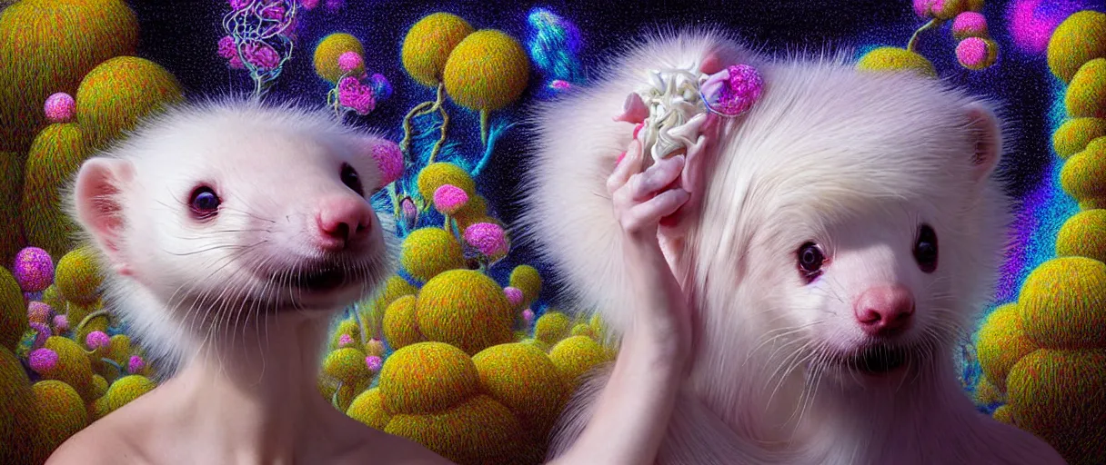 Prompt: hyper detailed 3d render like a Oil painting - kawaii portrait Aurora (playful white haired Singer Ferret) seen Eating of the Strangling network of yellowcake aerochrome and milky Fruit and Her delicate Hands hold of gossamer polyp blossoms bring iridescent fungal flowers whose spores black the foolish stars by Jacek Yerka, Mariusz Lewandowski, Houdini algorithmic generative render, Abstract brush strokes, Masterpiece, Edward Hopper and James Gilleard, Zdzislaw Beksinski, Mark Ryden, Wolfgang Lettl, hints of Yayoi Kasuma, octane render, 8k