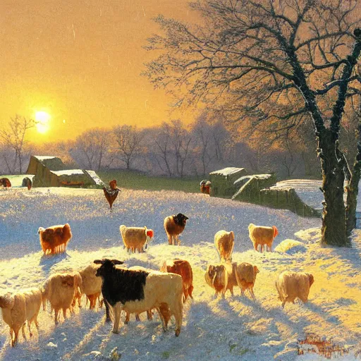 Image similar to feeding the animals at sunrise, dog, cows, sheep, chickens, ducks,, 4 k, ranch the morning after a light snowfall, by bob ross and norman rockwell