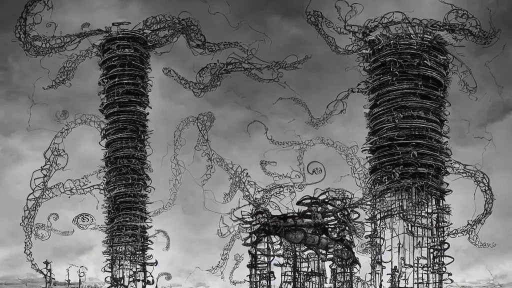 Prompt: giant bio-organic fleshy complex machine tower! with tendrils!! and one eyeball!!! at the top looking over a stormy post-apocalyptic wasteland, dystopian art, with art direction by Salvador Dalí, wide lens