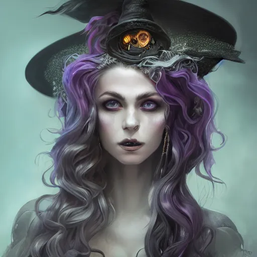 Prompt: an insanely detailed close up portrait of a beautiful witch with haunting purple eyes, she stands in an smoky alchemy lab, long purple hair, tightly fitting black ornate dress and black witch hat, in the style of peter mohrbacher, artgerm, dramatic lighting and composition, octane render, trending on artstation, concept art 8 k