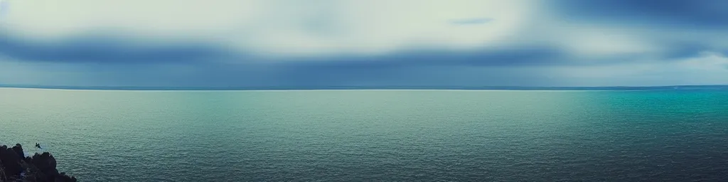 Prompt: Panorama view of the sky, looking out over the sea, Miyazaki Hayao, ghibli style, vintage colors, large clouds visible, 50* degree up from the horizon, big cumulonimbus clouds