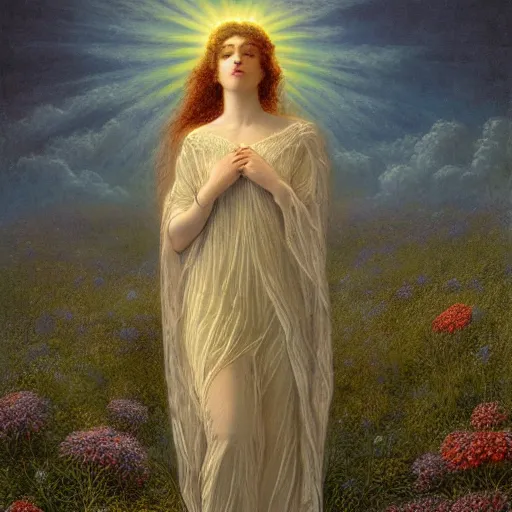 Prompt: A goddess with a transparent body in a field of flowers, bursting with holy light, the weather bright, light shining from the clouds, Tyndall effect, Gustave Doré style --h 1024 --w 1024