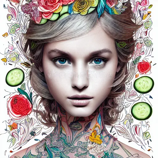 Prompt: a portrait of an incredibly beautiful, colorful, graceful, elegant, and sophisticated young blonde girl made of cucumbers, an ultrafine detailed illustration by james jean, intricate linework, bright colors, final fantasy, behance contest winner, vanitas, angular, altermodern, unreal engine 5 highly rendered, global illumination, radiant light, detailed and intricate environment