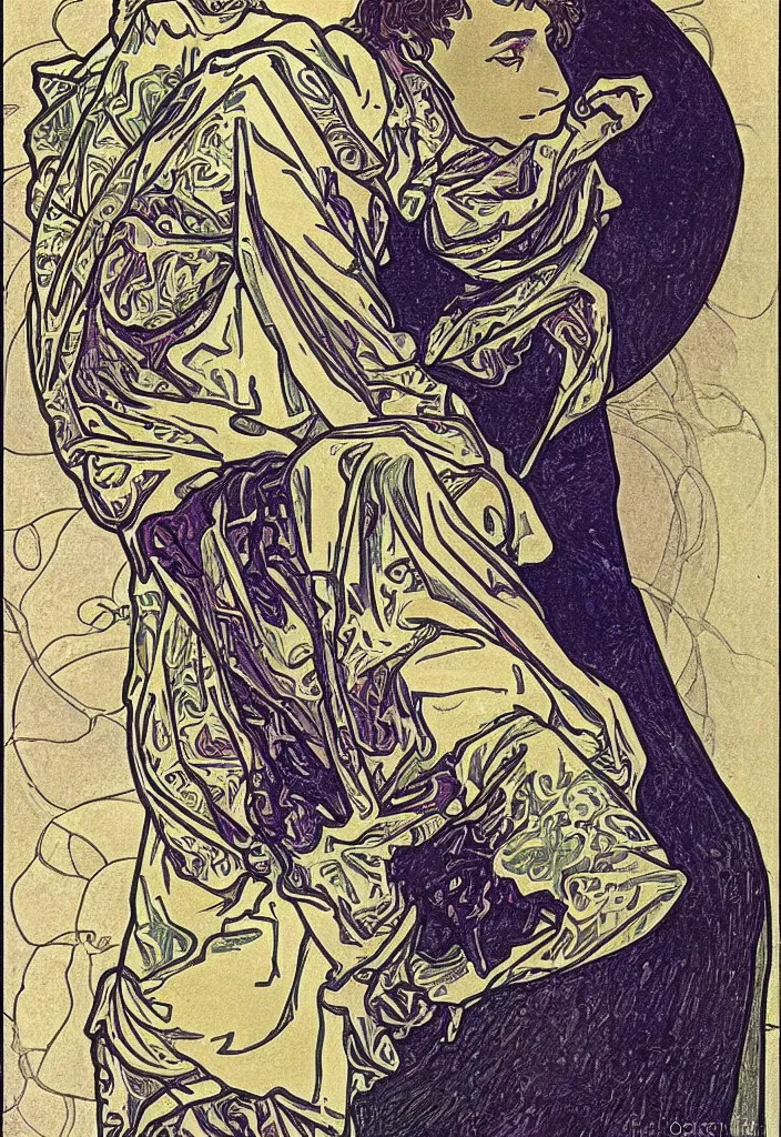 Prompt: Geoffrey Hinton drawn on a tarot card, tarot in art style by Alphonse Mucha