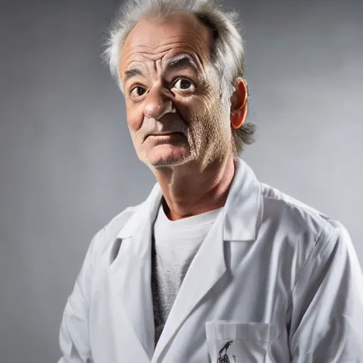 Prompt: !dream the roll of Rick Sanchez will be played by Bill Murray, spikey hair, white lab coat, photography
