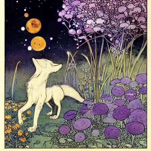 Image similar to a fox pouncing in a moonlit field of flowers, by warwick goble and kay nielsen