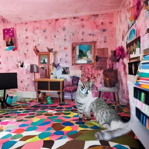 Image similar to color studio photo of a cats filled floor to ceiling in a bedroom