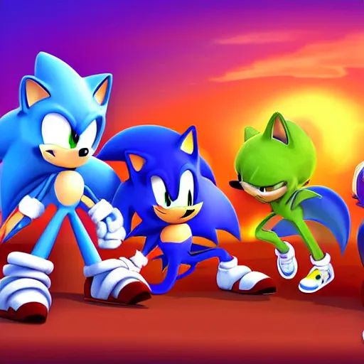 Image similar to a digital art of sonic characters watching sunset