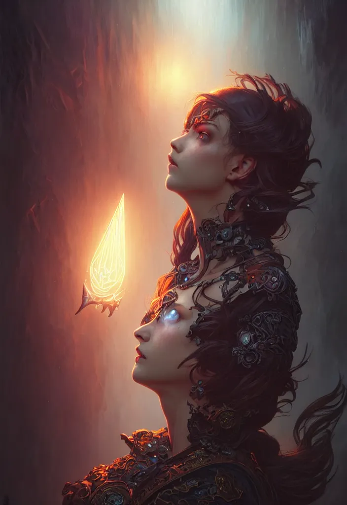 Image similar to Necromancer Sorceress filled background around face, fantasy magic, undercut hairstyle, dark light night, intricate, elegant, sharp focus, illustration, highly detailed, digital painting, concept art, matte, art by WLOP and Artgerm and Greg Rutkowski and Alphonse Mucha, masterpiece