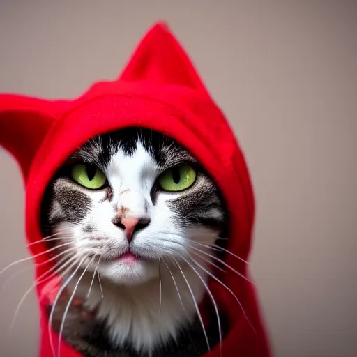 Prompt: a cat wearing a red beanie and a red hoodie