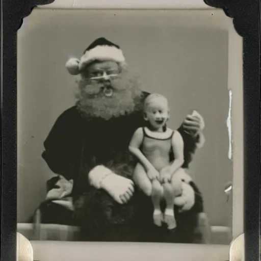 Image similar to santa claus with an evil looking demonic child on his lap, polaroid